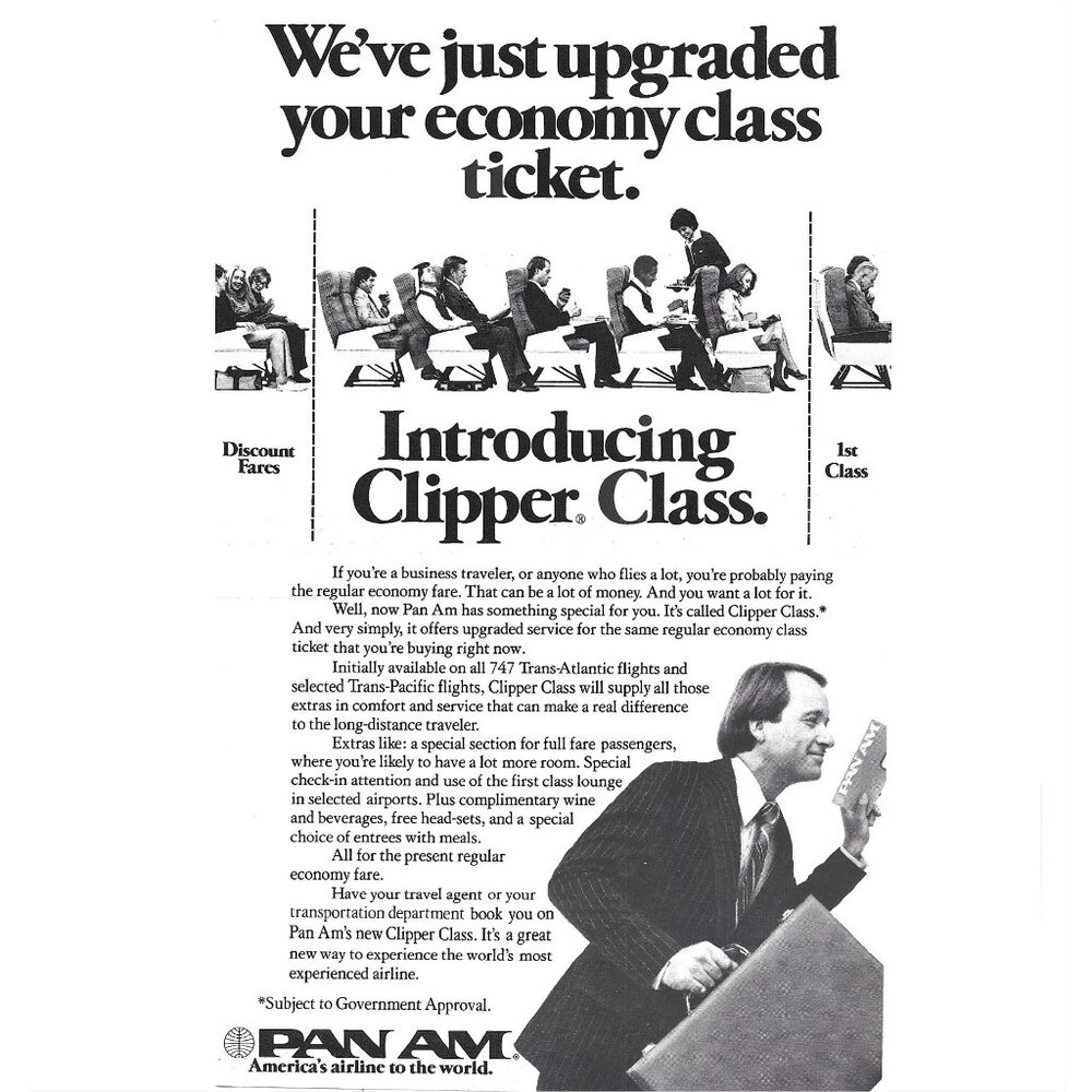 Pan Am Clipper Class Economy Class Ticket Upgrade Print Ad 1970s